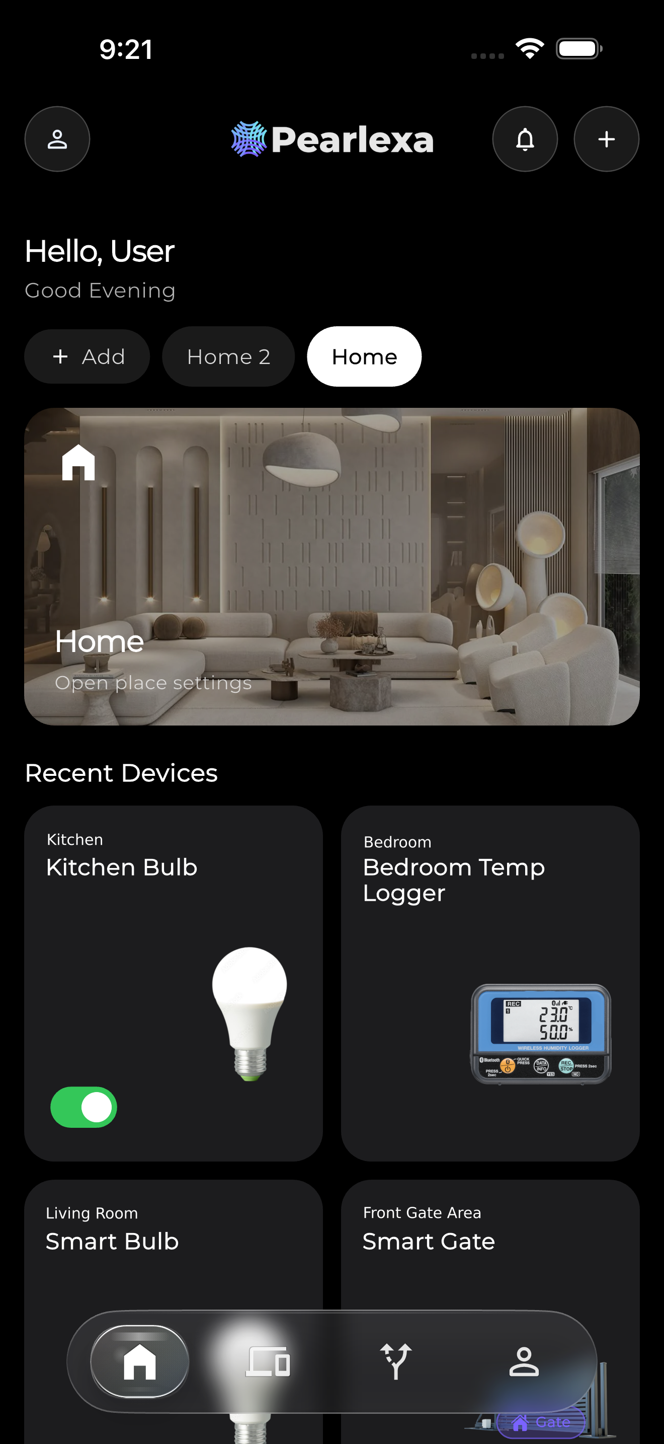 Pearlexa app home screen showing connected devices